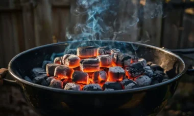 Glowing charcoal briquettes burning efficiently in a kettle grill to maximize burn time