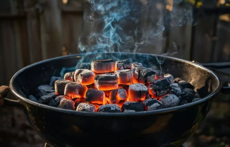 Glowing charcoal briquettes burning efficiently in a kettle grill to maximize burn time