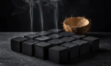 Coconut charcoal cube clean combustion with white ash on dark surface