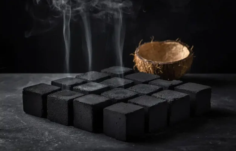 Coconut charcoal cube clean combustion with white ash on dark surface