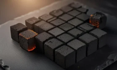 clean burning coconut charcoal cubes with glowing orange ember edges arranged on a dark slate surface