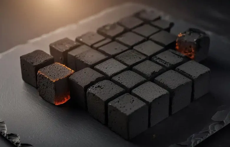 clean burning coconut charcoal cubes with glowing orange ember edges arranged on a dark slate surface