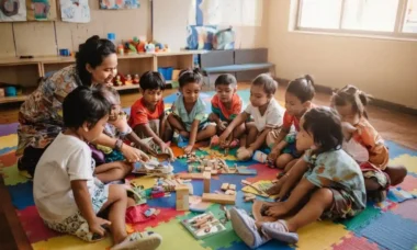 anak usia 4 hingga 6 tahun sedang belajar sambil bermain bersama guru di kelas TK yang cerah dan colorful