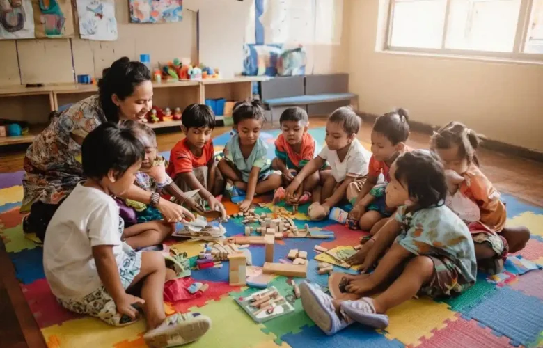 anak usia 4 hingga 6 tahun sedang belajar sambil bermain bersama guru di kelas TK yang cerah dan colorful
